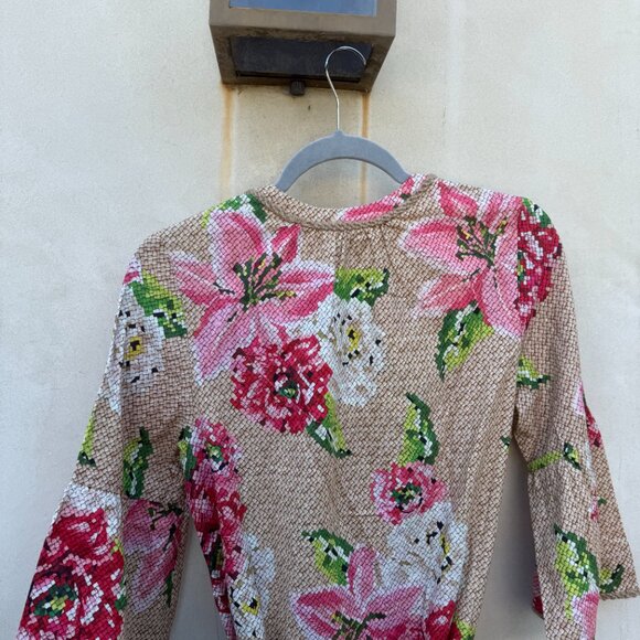 NWT Farm Rio Linen Midi Dress Woven Beige Floral Neck Tie Jute Accent Ruffles - Picture 9 of 9